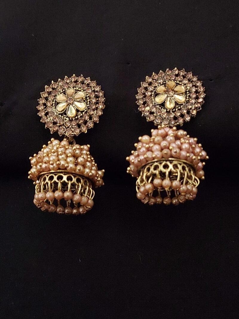 Gold Plated Studded Jhumka With Moti Work - Premium Quality