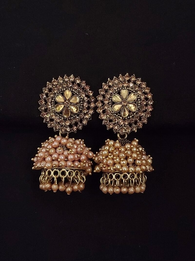 Gold Plated Studded Jhumka With Moti Work - Premium Quality