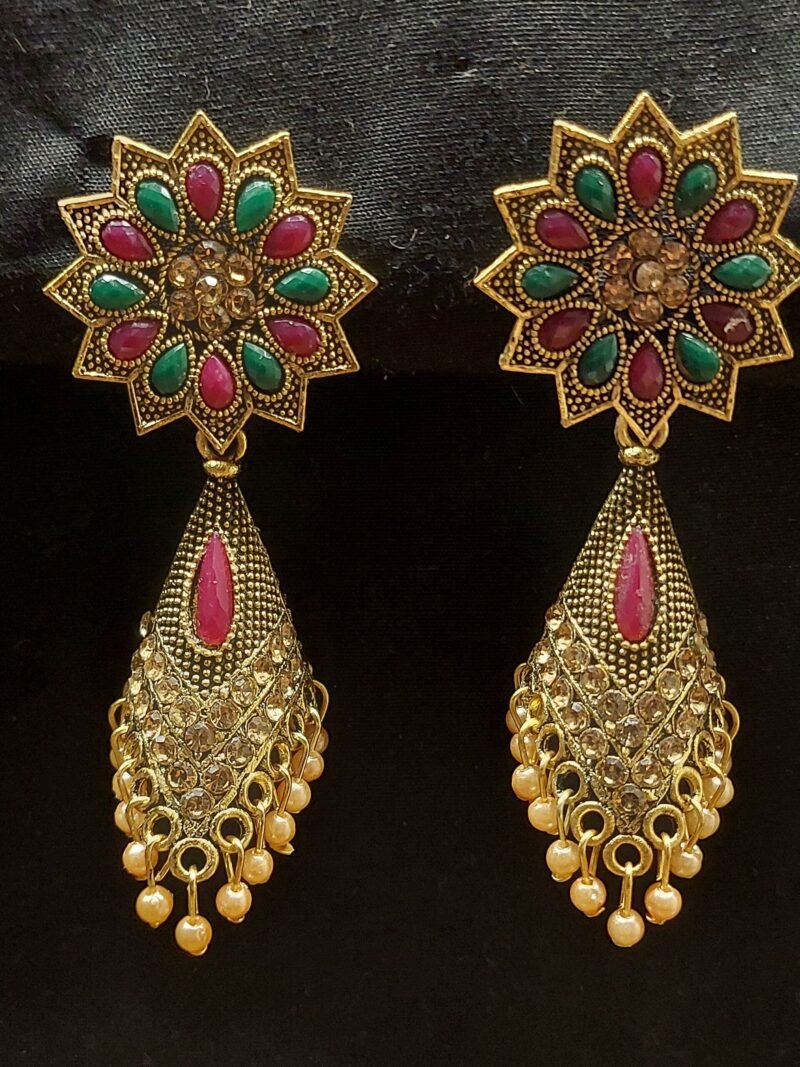 Gold Plated Multicolor Stud With New Trending Samosa Shaped Jhumka - Premium Quality