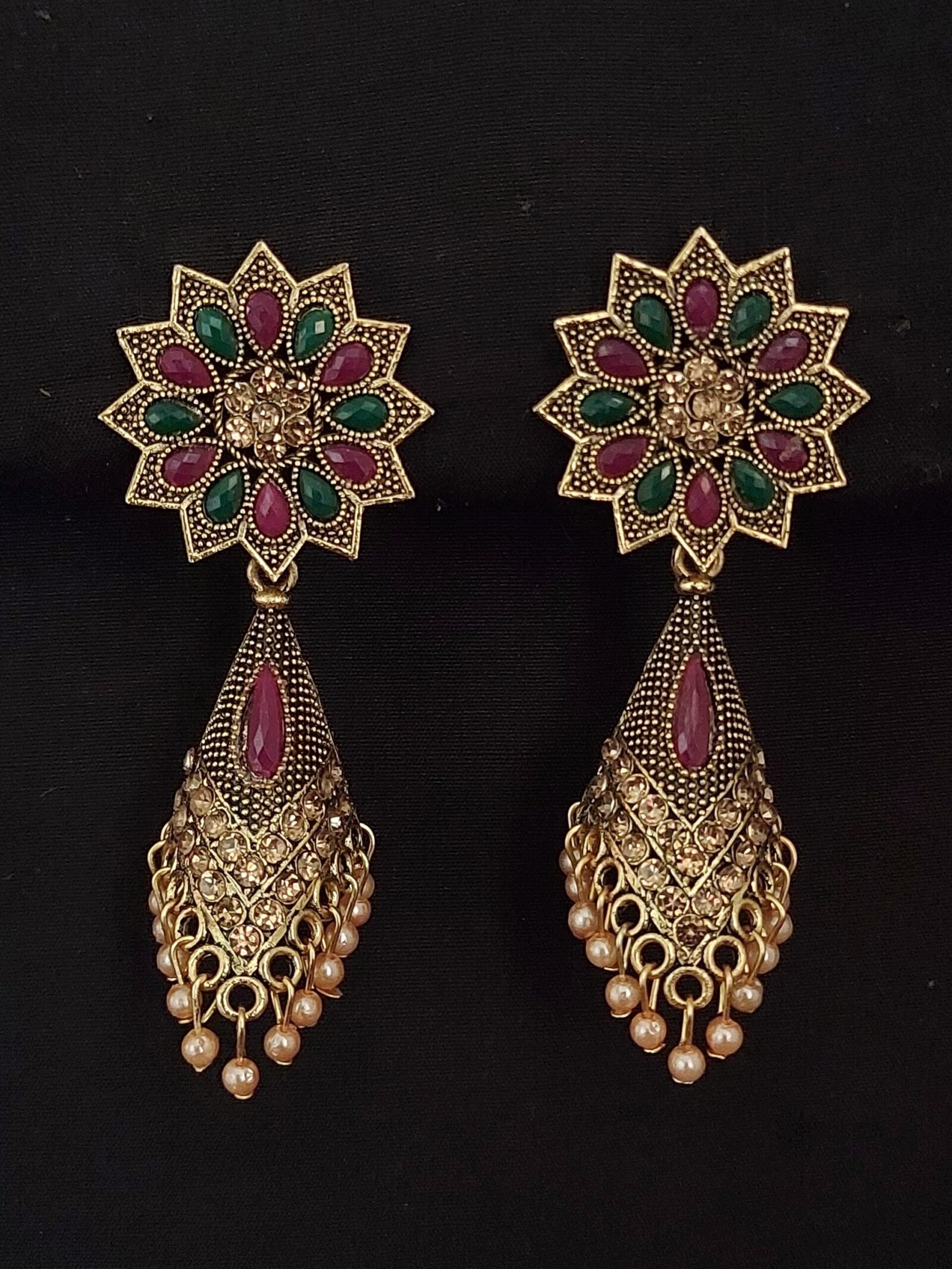 Gold Plated Multicolor Stud With New Trending Samosa Shaped Jhumka - Premium Quality