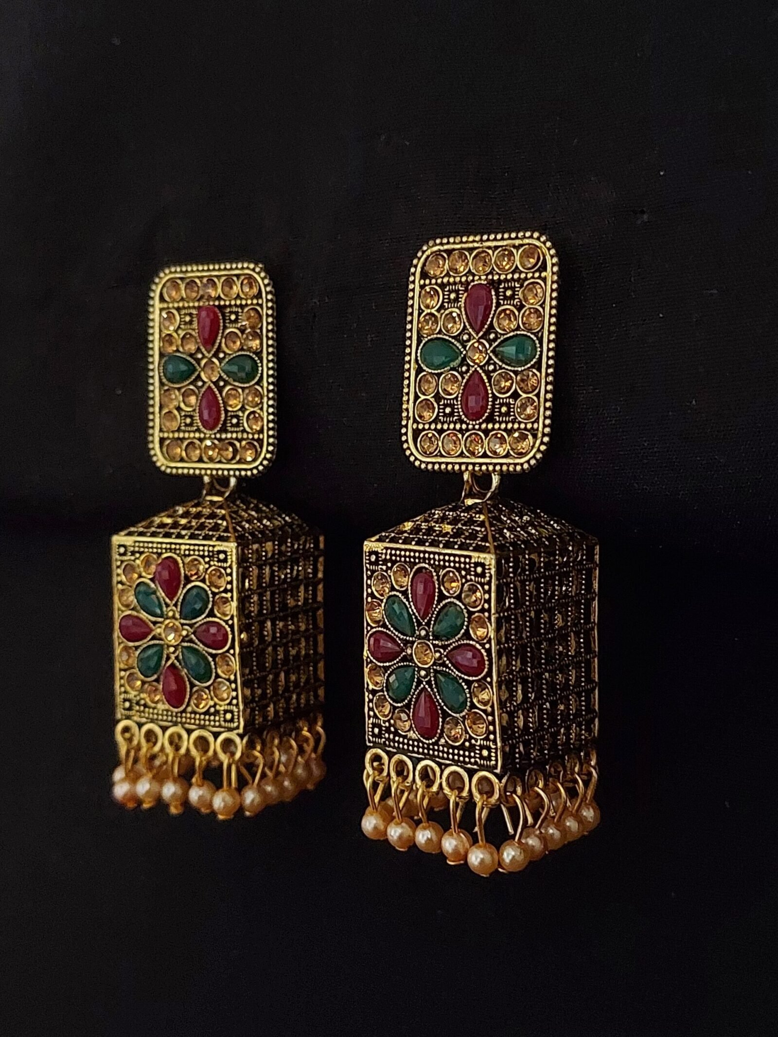 Gold Plated Multi Color Rectangle Stud And Jhumka With Cream Beads - Enhance Your Luxury