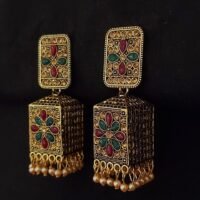 Gold Plated Multi Color Rectangle Stud And Jhumka With Cream Beads - Enhance Your Luxury