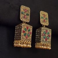 Gold Plated Multi Color Rectangle Stud And Jhumka With Cream Beads - Enhance Your Luxury