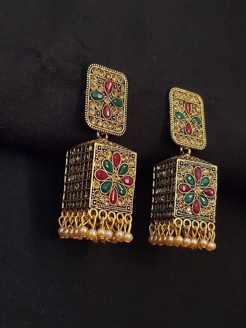 Gold Plated Multi Color Rectangle Stud And Jhumka With Cream Beads - Enhance Your Luxury