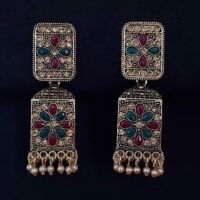 Gold Plated Multi Color Rectangle Stud And Jhumka With Cream Beads - Enhance Your Luxury