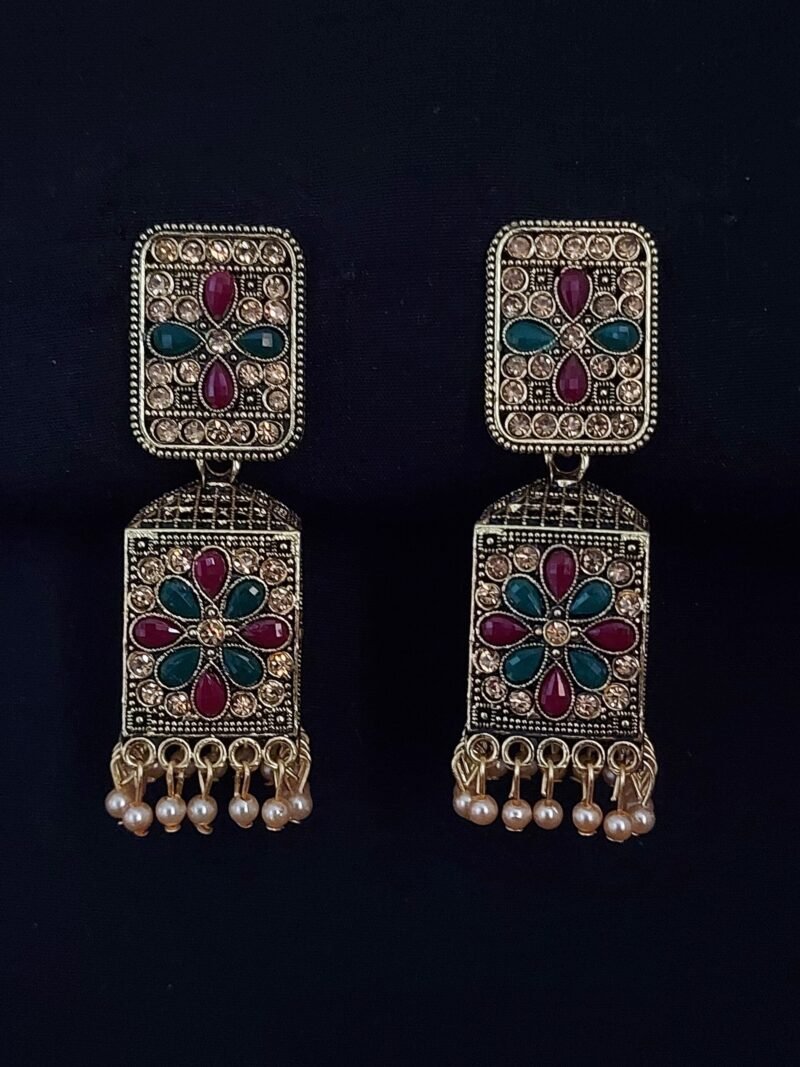 Gold Plated Multi Color Rectangle Stud And Jhumka With Cream Beads - Enhance Your Luxury