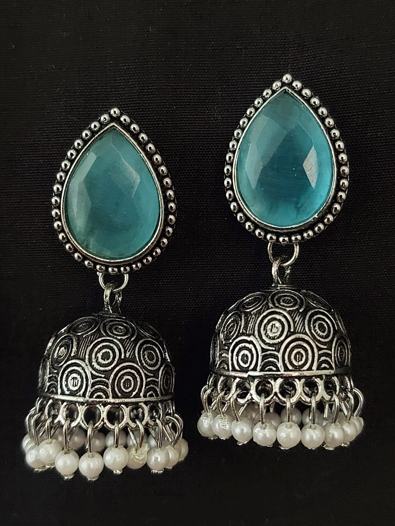 German Silver Drop Earring with Jhumka and White Beads