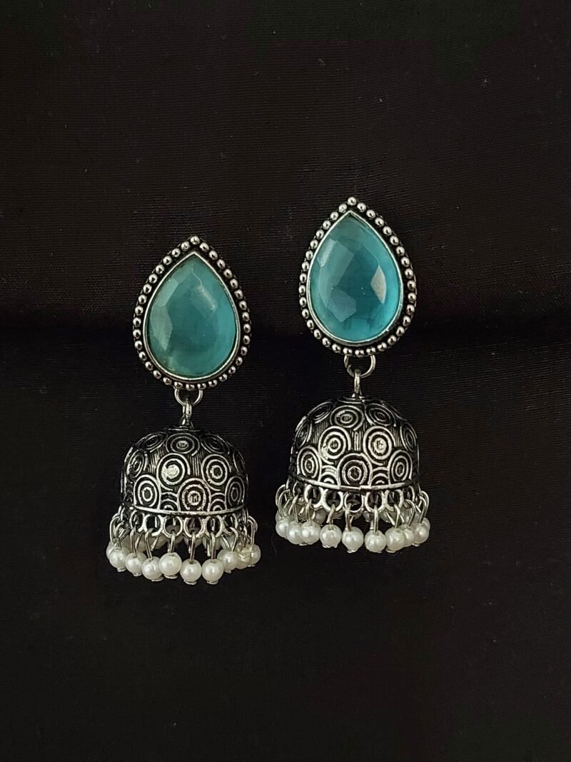 German Silver Drop Earring with Jhumka and White Beads