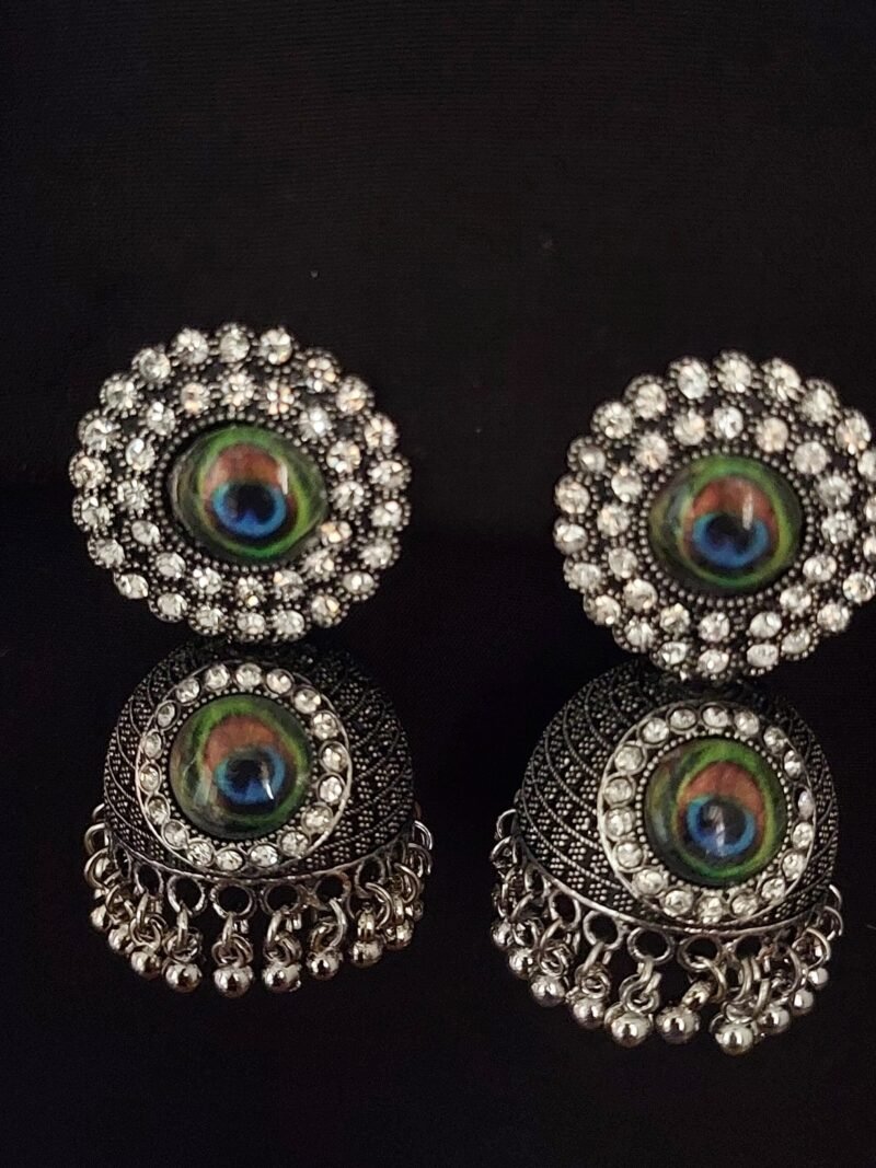 German Silver Morpankh Floral Crystal Round Stud Dangles Jhumka Earring