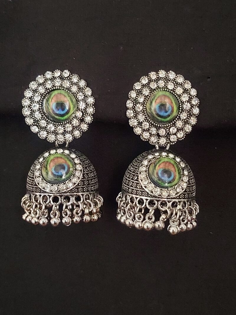 German Silver Morpankh Floral Crystal Round Stud Dangles Jhumka Earring