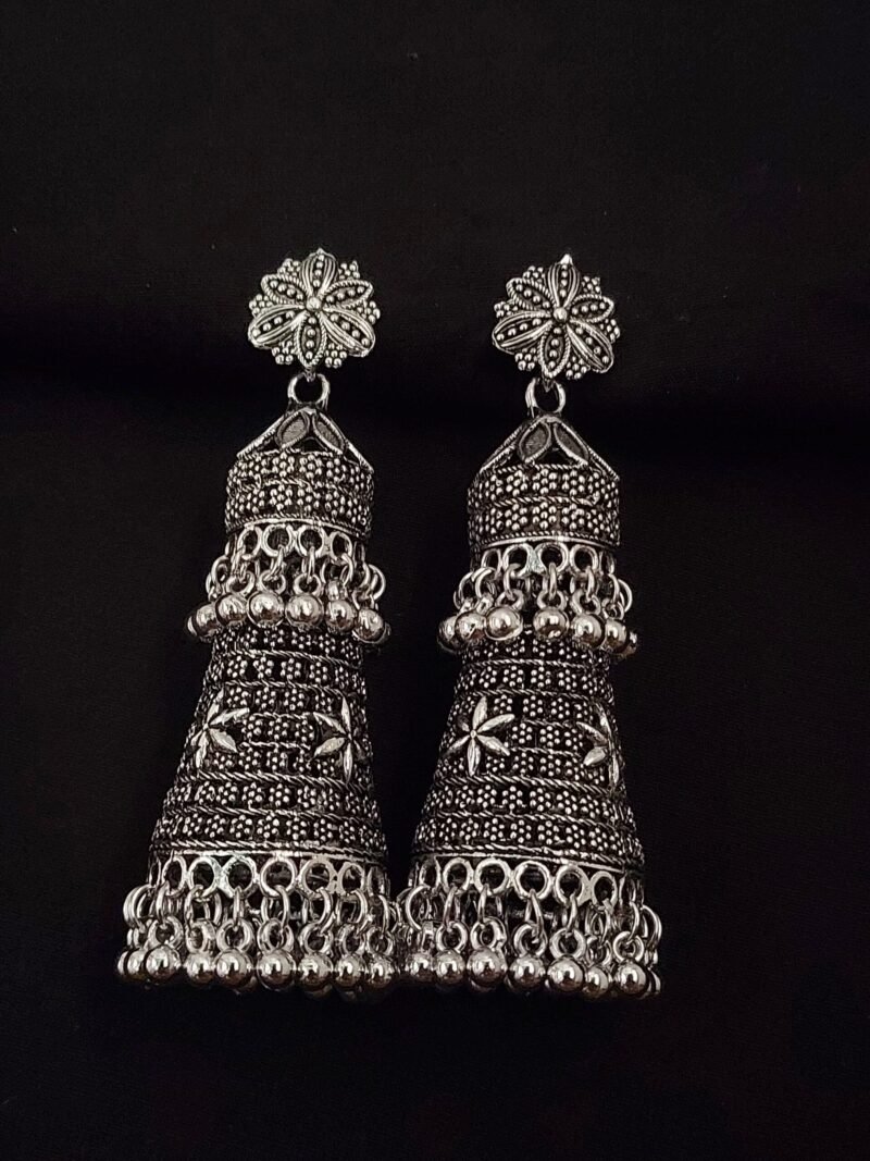 German Silver Floral Stud With Long 2 Steps Cone Shaped Jhumka Earring