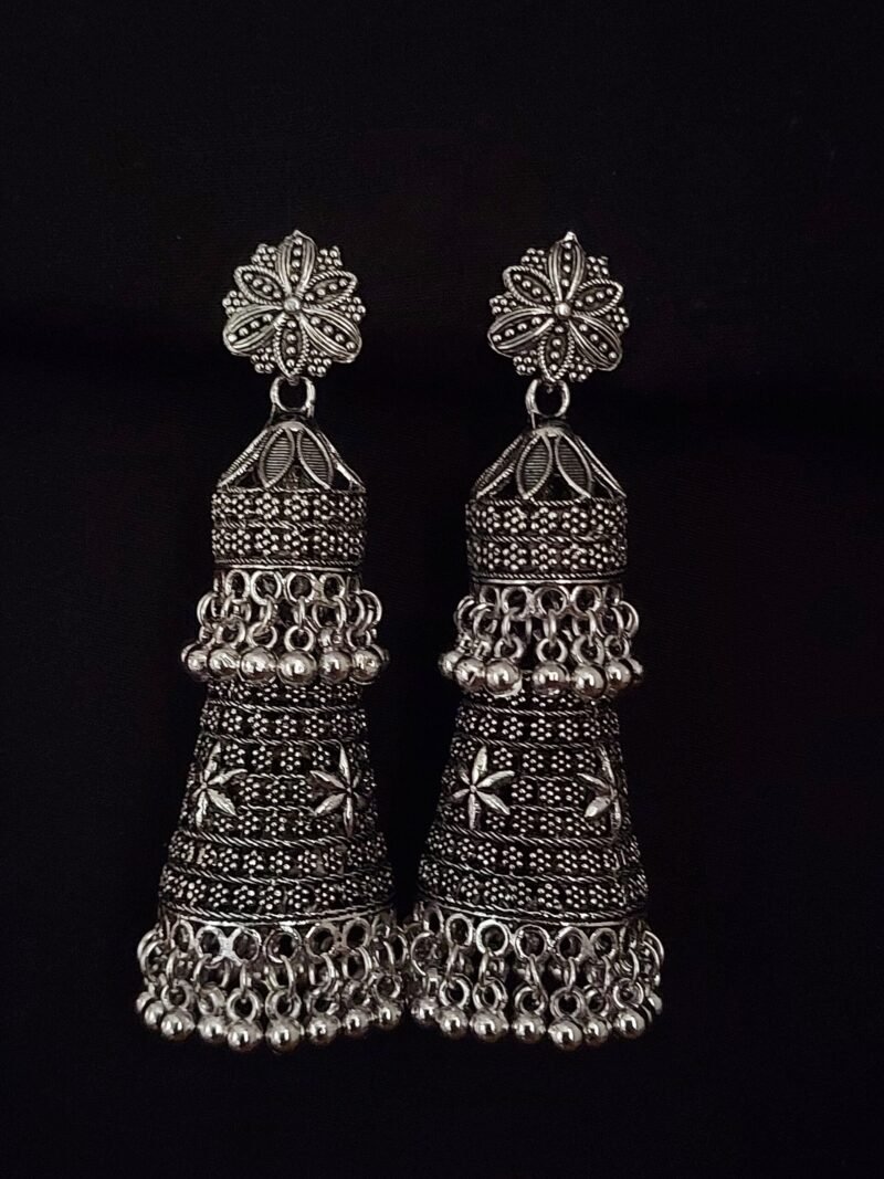German Silver Floral Stud With Long 2 Steps Cone Shaped Jhumka Earring