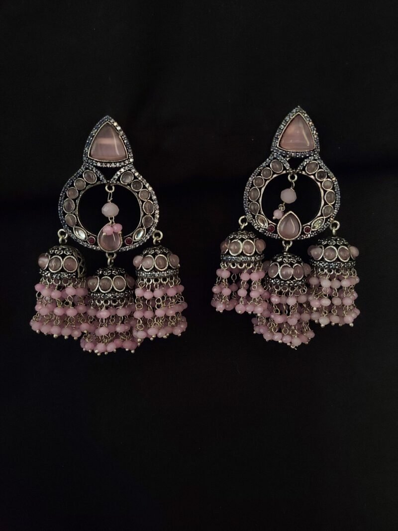 German Silver Long Earring With Pink Beads And Jhumkas