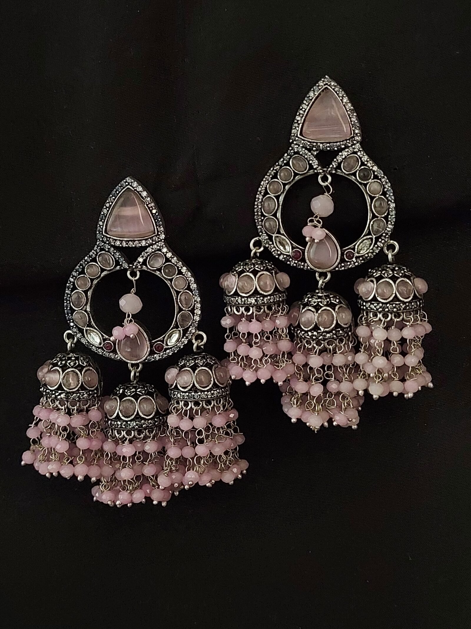 German Silver Long Earring With Pink Beads And Jhumkas