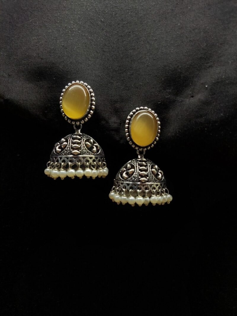 German Silver Oval Shiny Yellowish Stud With Eye Shaped Jhumka