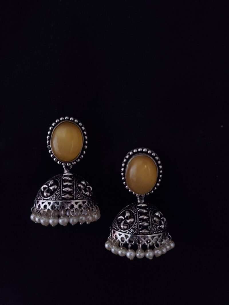 German Silver Oval Shiny Yellowish Stud With Eye Shaped Jhumka