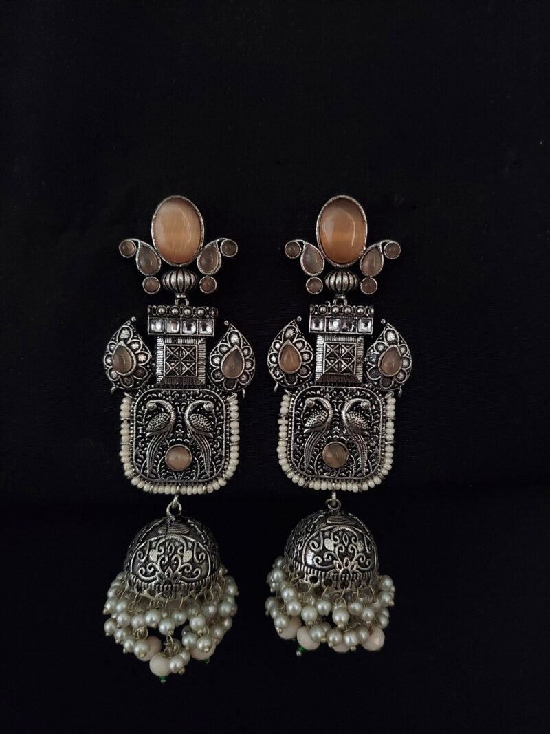 German Silver Peach Long Earring With White Beads And Peacock Work