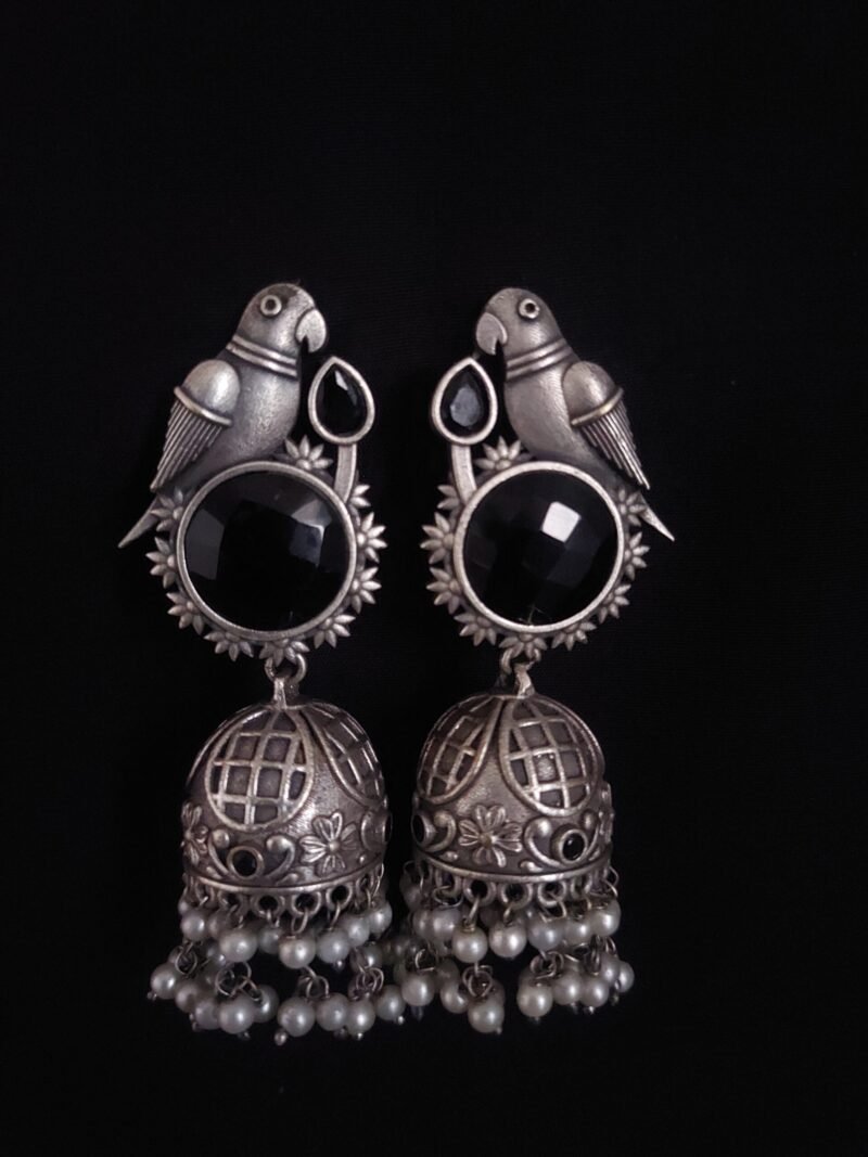 German Silver Parrot Stud With Jhumka And White Beads