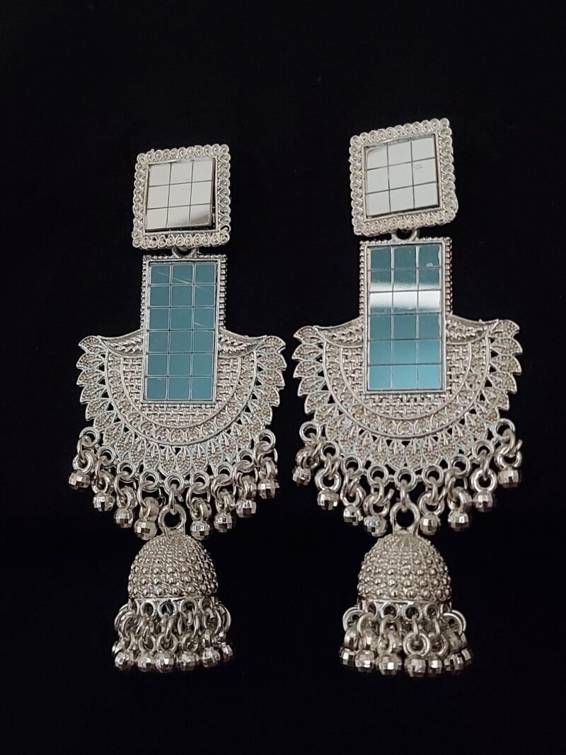 Silver White Plated Studded Jhumka With Mirror Work - Premium Quality