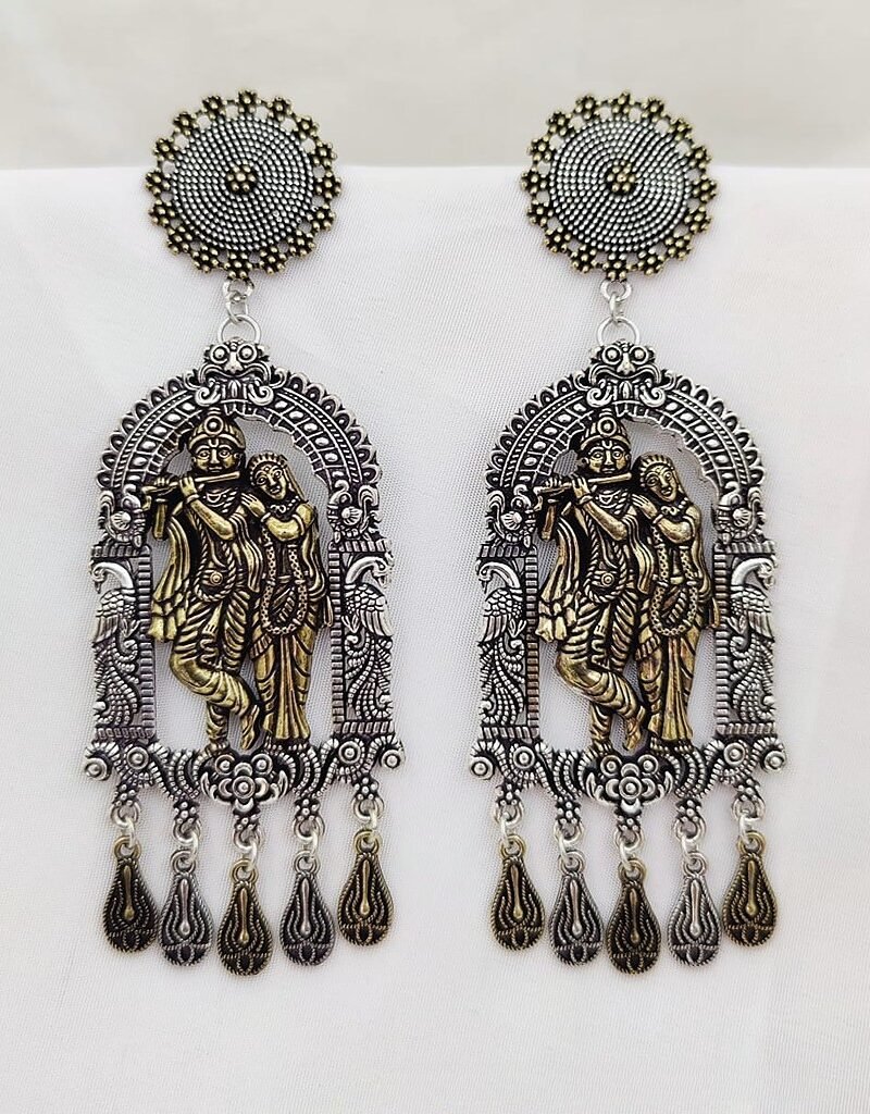 German Silver Radhe Krishna Earring With Peacock Work