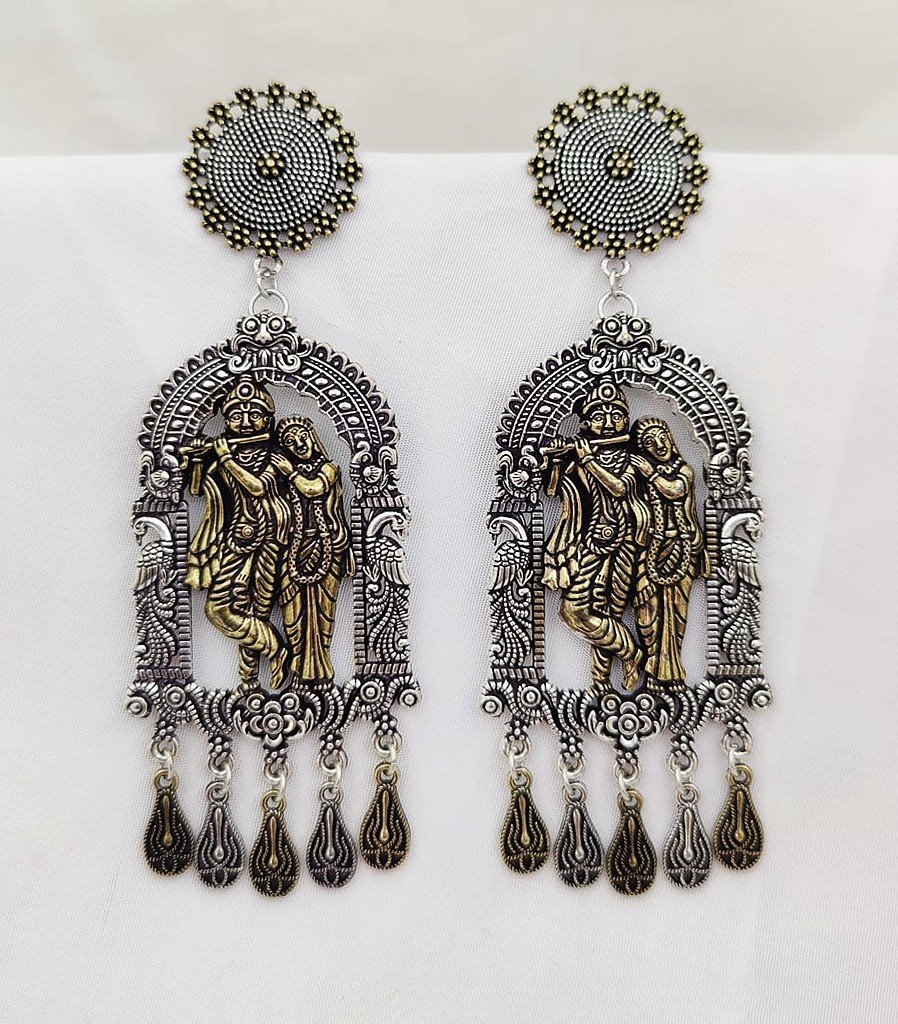 German Silver Radhe Krishna Earring With Peacock Work