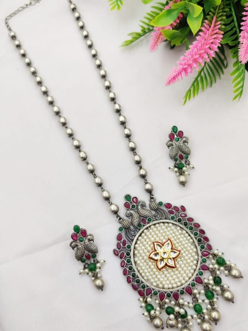 German Silver Floral Design Peacock Work Set With Long Chain