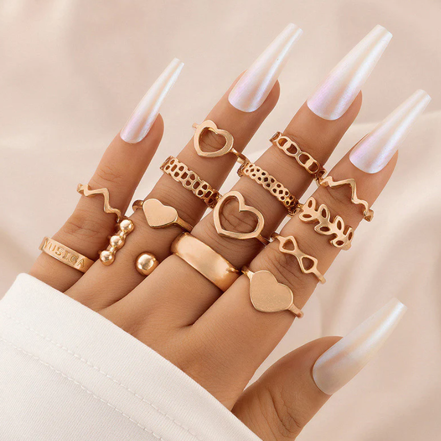 Rose Gold Plated Heart Inspired Stackable Rings Set of 14